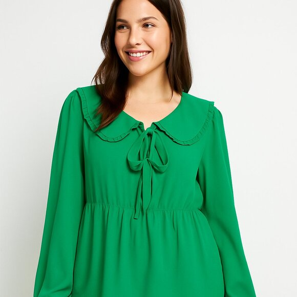 Bright Green Tie-Front Ruffle Collar Blouse Long Sleeve Top Women’s Size L - Picture 1 of 8